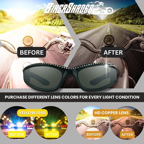 Women’s Bling Rhinestone Motorcycle Sunglasses Foam Padded Wrap Smoke HD Clear Yellow Lens Wind & Dust Resistant in Saudi Arabia