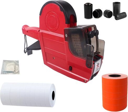 مسدس سعر مكون من 20 رقمًا مكون من سطرين، ملصق تسعير مع 1500 ملصق برتقالي 5300 أبيض، مجموعة 3 بكرات حبر، آلة ملصقات وضع علامات رمز التاريخ لبيع المرآب بالتجزئة، أداة توزيع ملصقات الملابس (زائد) in Kuwait