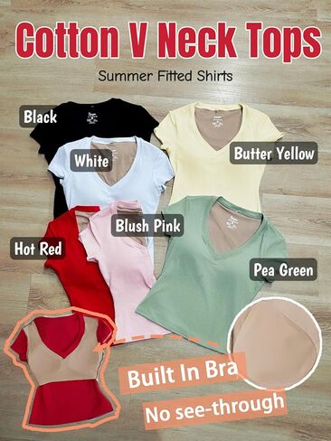 Danysu Nude Built in Bra Cotton V Neck Short Sleeve T Shirt No See Through Stretchy Fitted Basic Tops Summer Going Out Tee in Saudi Arabia
