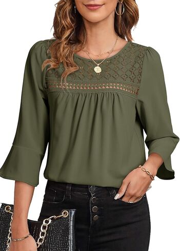 Dokotoo Women's 3/4 Sleeve Crewneck Casual Ruffle Shirts 2026 Chiffon Boho Lace Trendy Blouses Tops in Saudi Arabia