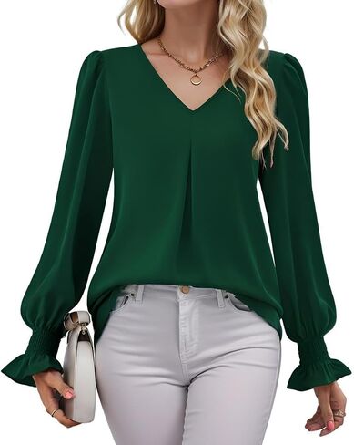 Women's Long Sleeve Tops Dressy Casual V Neck Tunic Shirts Loose Chiffon Work Blouse in Kuwait
