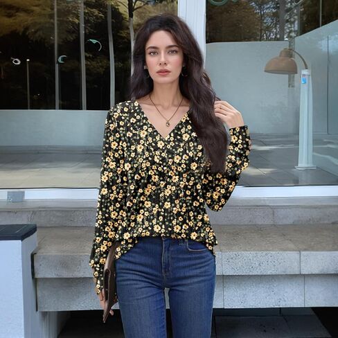 Womens Long Sleeve Shirts Dressy Casual Tops Trendy V Neck Blouses Fashion Decorative Buttons Knit Tunic in Saudi Arabia