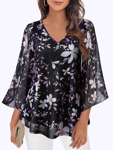 Womens Ruffle 3/4 Sleeve V Neck Double Layers Mesh Blouses Loose Fit Flowy Tunic Tops S-XXL in Saudi Arabia