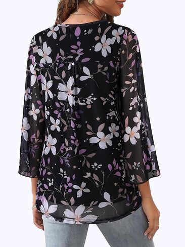 Womens Ruffle 3/4 Sleeve V Neck Double Layers Mesh Blouses Loose Fit Flowy Tunic Tops S-XXL in Saudi Arabia