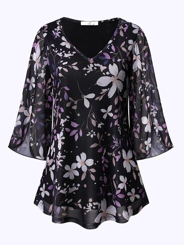 Womens Ruffle 3/4 Sleeve V Neck Double Layers Mesh Blouses Loose Fit Flowy Tunic Tops S-XXL in Saudi Arabia