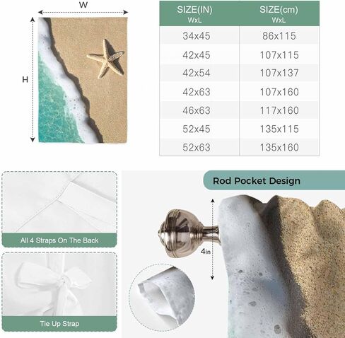 Beige Beach Starfish Tie Up Curtains for Window, Blue Coastal Ocean Waves Thermal Insulated Balloon Shade Adjustable Rod Pocket Curtains Valance Panels for Kitchen Bathroom Café 34'' x 45'' in Saudi Arabia