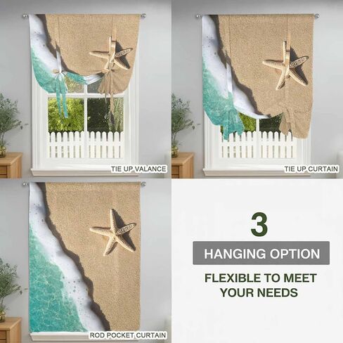 Beige Beach Starfish Tie Up Curtains for Window, Blue Coastal Ocean Waves Thermal Insulated Balloon Shade Adjustable Rod Pocket Curtains Valance Panels for Kitchen Bathroom Café 34'' x 45'' in Saudi Arabia