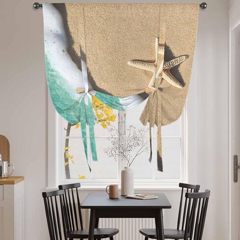 Beige Beach Starfish Tie Up Curtains for Window, Blue Coastal Ocean Waves Thermal Insulated Balloon Shade Adjustable Rod Pocket Curtains Valance Panels for Kitchen Bathroom Café 34'' x 45'' in Saudi Arabia