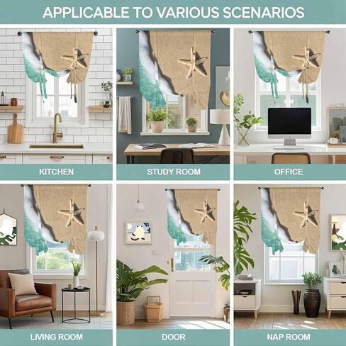 Beige Beach Starfish Tie Up Curtains for Window, Blue Coastal Ocean Waves Thermal Insulated Balloon Shade Adjustable Rod Pocket Curtains Valance Panels for Kitchen Bathroom Café 34'' x 45'' in Saudi Arabia