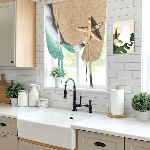 Beige Beach Starfish Tie Up Curtains for Window, Blue Coastal Ocean Waves Thermal Insulated Balloon Shade Adjustable Rod Pocket Curtains Valance Panels for Kitchen Bathroom Café 34'' x 45'' in Saudi Arabia
