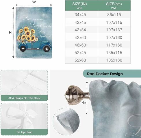 Truck Sunflowers Tie Up Curtains for Window, Blue Ombre Spring Botanical Floral Car Thermal Insulated Balloon Shade Adjustable Rod Pocket Curtains Valance Panels for Kitchen Bathroom Café 34'' x 45'' in Saudi Arabia
