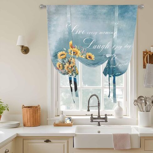 Truck Sunflowers Tie Up Curtains for Window, Blue Ombre Spring Botanical Floral Car Thermal Insulated Balloon Shade Adjustable Rod Pocket Curtains Valance Panels for Kitchen Bathroom Café 34'' x 45'' in Saudi Arabia