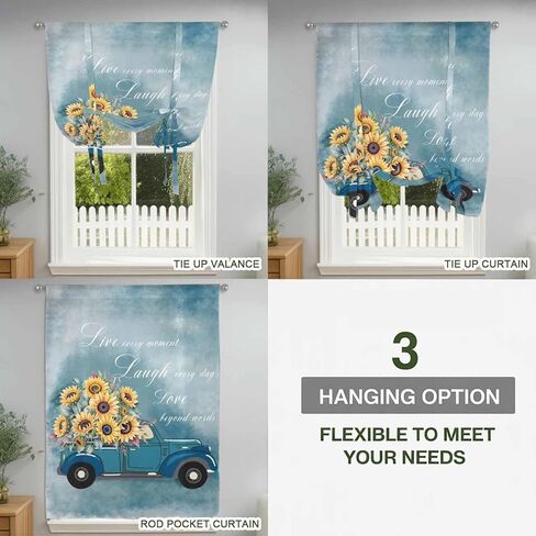 Truck Sunflowers Tie Up Curtains for Window, Blue Ombre Spring Botanical Floral Car Thermal Insulated Balloon Shade Adjustable Rod Pocket Curtains Valance Panels for Kitchen Bathroom Café 34'' x 45'' in Saudi Arabia