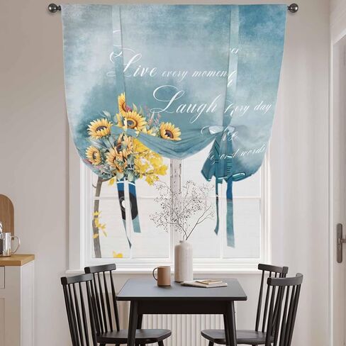 Truck Sunflowers Tie Up Curtains for Window, Blue Ombre Spring Botanical Floral Car Thermal Insulated Balloon Shade Adjustable Rod Pocket Curtains Valance Panels for Kitchen Bathroom Café 34'' x 45'' in Saudi Arabia