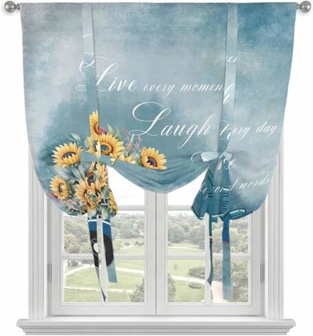 Truck Sunflowers Tie Up Curtains for Window, Blue Ombre Spring Botanical Floral Car Thermal Insulated Balloon Shade Adjustable Rod Pocket Curtains Valance Panels for Kitchen Bathroom Café 34'' x 45'' in Saudi Arabia