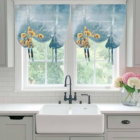 Truck Sunflowers Tie Up Curtains for Window, Blue Ombre Spring Botanical Floral Car Thermal Insulated Balloon Shade Adjustable Rod Pocket Curtains Valance Panels for Kitchen Bathroom Café 34'' x 45'' in Saudi Arabia