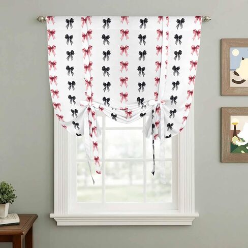 Cute Bow Tie Up Curtains for Window, Black Red Modern Romantic Art Aesthetic Thermal Insulated Balloon Shade Adjustable Rod Pocket Curtains Valance Panels for Kitchen Bathroom Café 34'' x 45'' in Saudi Arabia