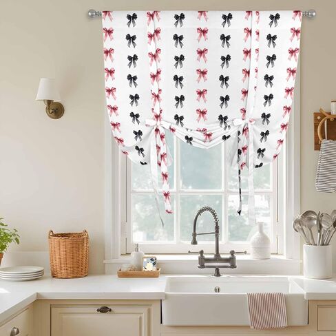 Cute Bow Tie Up Curtains for Window, Black Red Modern Romantic Art Aesthetic Thermal Insulated Balloon Shade Adjustable Rod Pocket Curtains Valance Panels for Kitchen Bathroom Café 34'' x 45'' in Saudi Arabia