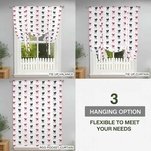 Cute Bow Tie Up Curtains for Window, Black Red Modern Romantic Art Aesthetic Thermal Insulated Balloon Shade Adjustable Rod Pocket Curtains Valance Panels for Kitchen Bathroom Café 34'' x 45'' in Saudi Arabia