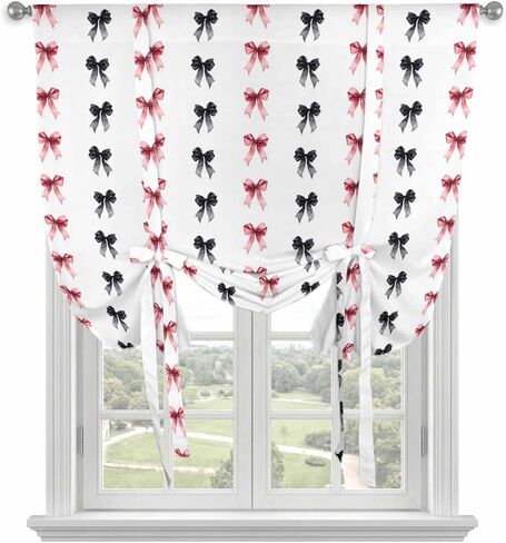 Cute Bow Tie Up Curtains for Window, Black Red Modern Romantic Art Aesthetic Thermal Insulated Balloon Shade Adjustable Rod Pocket Curtains Valance Panels for Kitchen Bathroom Café 34'' x 45'' in Saudi Arabia