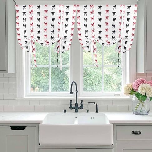 Cute Bow Tie Up Curtains for Window, Black Red Modern Romantic Art Aesthetic Thermal Insulated Balloon Shade Adjustable Rod Pocket Curtains Valance Panels for Kitchen Bathroom Café 34'' x 45'' in Saudi Arabia
