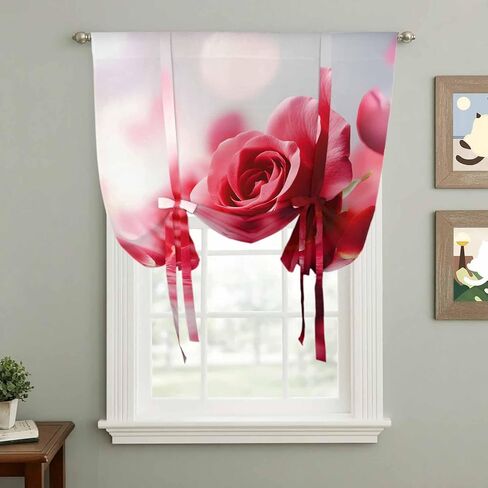 Red Rose Fantasy Tie Up Curtains for Window, Elegance Floral Romantic Reflection Thermal Insulated Balloon Shade Adjustable Rod Pocket Curtains Valance Panels for Kitchen Bathroom Café 34'' x 45'' in Saudi Arabia