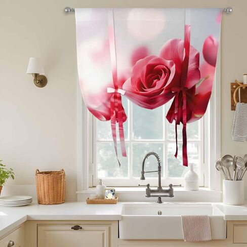 Red Rose Fantasy Tie Up Curtains for Window, Elegance Floral Romantic Reflection Thermal Insulated Balloon Shade Adjustable Rod Pocket Curtains Valance Panels for Kitchen Bathroom Café 34'' x 45'' in Saudi Arabia