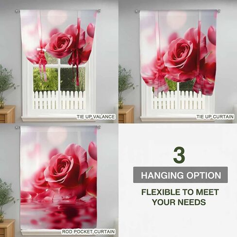 Red Rose Fantasy Tie Up Curtains for Window, Elegance Floral Romantic Reflection Thermal Insulated Balloon Shade Adjustable Rod Pocket Curtains Valance Panels for Kitchen Bathroom Café 34'' x 45'' in Saudi Arabia