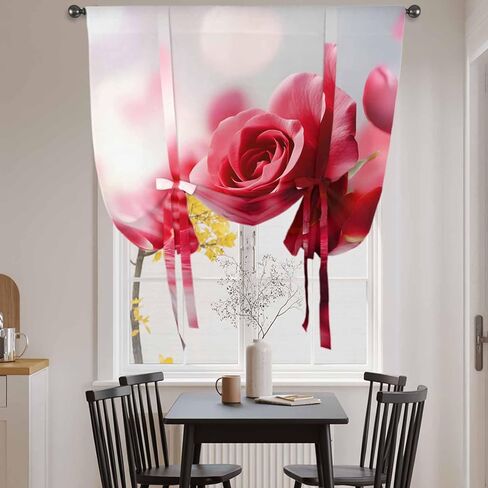 Red Rose Fantasy Tie Up Curtains for Window, Elegance Floral Romantic Reflection Thermal Insulated Balloon Shade Adjustable Rod Pocket Curtains Valance Panels for Kitchen Bathroom Café 34'' x 45'' in Saudi Arabia