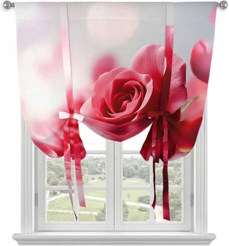Red Rose Fantasy Tie Up Curtains for Window, Elegance Floral Romantic Reflection Thermal Insulated Balloon Shade Adjustable Rod Pocket Curtains Valance Panels for Kitchen Bathroom Café 34'' x 45'' in Saudi Arabia