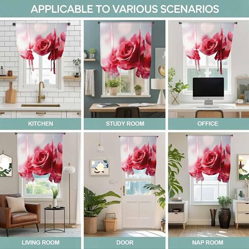 Red Rose Fantasy Tie Up Curtains for Window, Elegance Floral Romantic Reflection Thermal Insulated Balloon Shade Adjustable Rod Pocket Curtains Valance Panels for Kitchen Bathroom Café 34'' x 45'' in Saudi Arabia