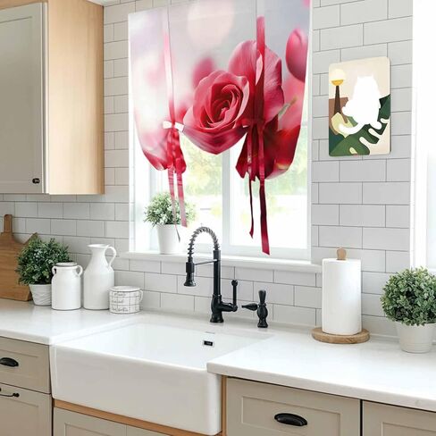 Red Rose Fantasy Tie Up Curtains for Window, Elegance Floral Romantic Reflection Thermal Insulated Balloon Shade Adjustable Rod Pocket Curtains Valance Panels for Kitchen Bathroom Café 34'' x 45'' in Saudi Arabia