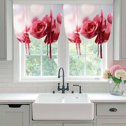 Red Rose Fantasy Tie Up Curtains for Window, Elegance Floral Romantic Reflection Thermal Insulated Balloon Shade Adjustable Rod Pocket Curtains Valance Panels for Kitchen Bathroom Café 34'' x 45'' in Saudi Arabia