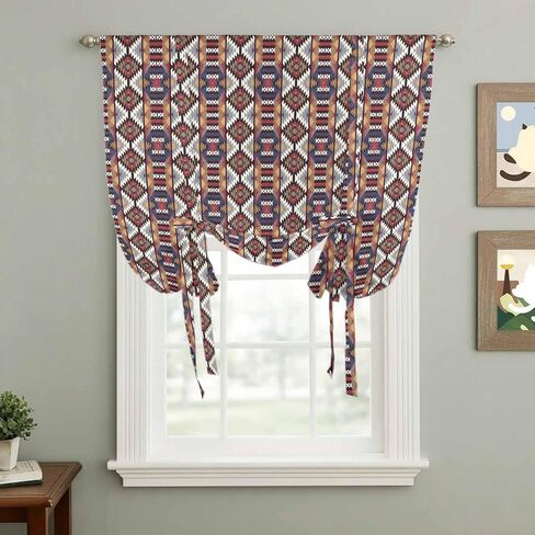 Retro Boho Aztec Tie Up Curtains for Window, Ethnic Abstract Southwest Geometric Thermal Insulated Balloon Shade Adjustable Rod Pocket Curtains Valance Panels for Kitchen Bathroom Café 52'' x 63'' in Saudi Arabia
