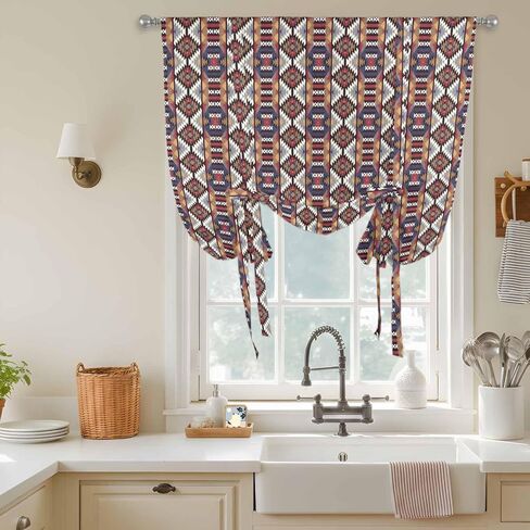 Retro Boho Aztec Tie Up Curtains for Window, Ethnic Abstract Southwest Geometric Thermal Insulated Balloon Shade Adjustable Rod Pocket Curtains Valance Panels for Kitchen Bathroom Café 52'' x 63'' in Saudi Arabia