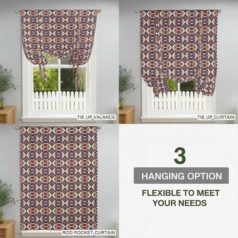Retro Boho Aztec Tie Up Curtains for Window, Ethnic Abstract Southwest Geometric Thermal Insulated Balloon Shade Adjustable Rod Pocket Curtains Valance Panels for Kitchen Bathroom Café 52'' x 63'' in Saudi Arabia