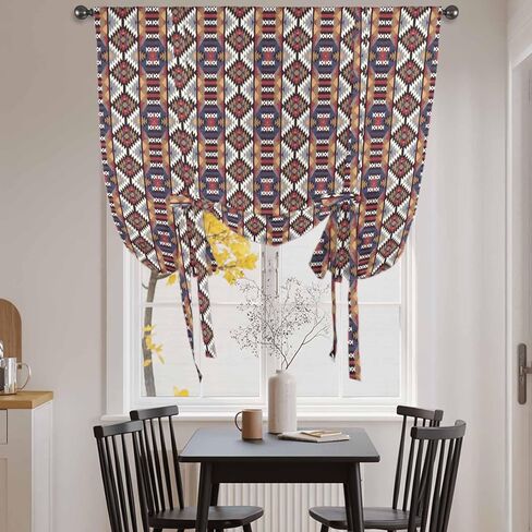 Retro Boho Aztec Tie Up Curtains for Window, Ethnic Abstract Southwest Geometric Thermal Insulated Balloon Shade Adjustable Rod Pocket Curtains Valance Panels for Kitchen Bathroom Café 52'' x 63'' in Saudi Arabia