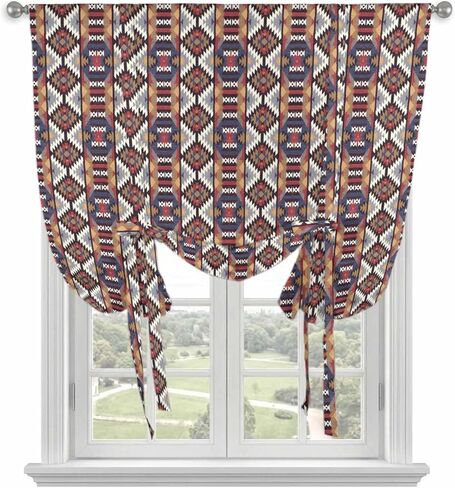 Retro Boho Aztec Tie Up Curtains for Window, Ethnic Abstract Southwest Geometric Thermal Insulated Balloon Shade Adjustable Rod Pocket Curtains Valance Panels for Kitchen Bathroom Café 52'' x 63'' in Saudi Arabia