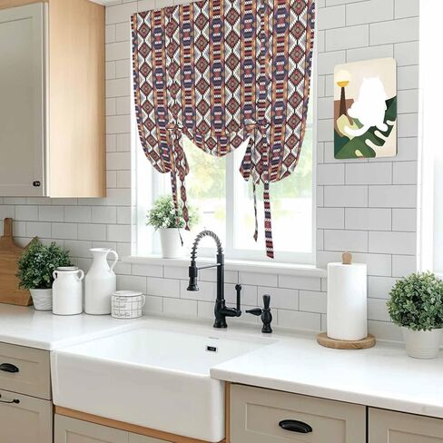 Retro Boho Aztec Tie Up Curtains for Window, Ethnic Abstract Southwest Geometric Thermal Insulated Balloon Shade Adjustable Rod Pocket Curtains Valance Panels for Kitchen Bathroom Café 52'' x 63'' in Saudi Arabia
