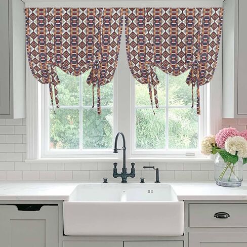 Retro Boho Aztec Tie Up Curtains for Window, Ethnic Abstract Southwest Geometric Thermal Insulated Balloon Shade Adjustable Rod Pocket Curtains Valance Panels for Kitchen Bathroom Café 52'' x 63'' in Saudi Arabia