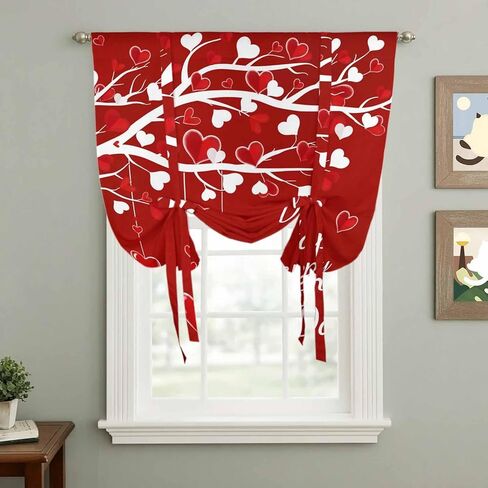 Happy Valentines Day Tie Up Curtains for Window, Red Love Heart Tree Thermal Insulated Balloon Shade Adjustable Rod Pocket Curtains Valance Panels for Kitchen Bathroom Café 42'' x 54'' in Saudi Arabia