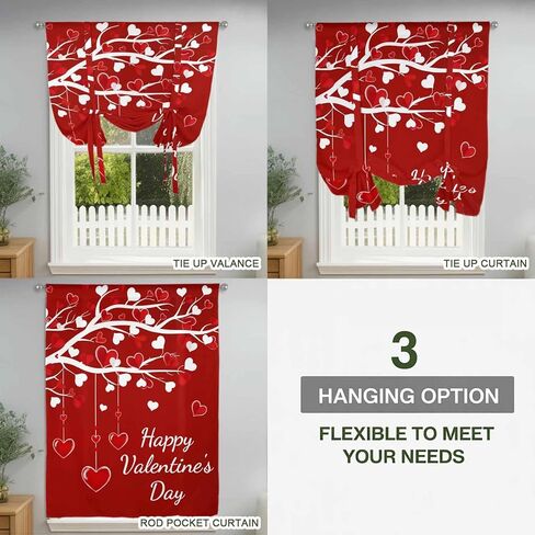 Happy Valentines Day Tie Up Curtains for Window, Red Love Heart Tree Thermal Insulated Balloon Shade Adjustable Rod Pocket Curtains Valance Panels for Kitchen Bathroom Café 42'' x 54'' in Saudi Arabia