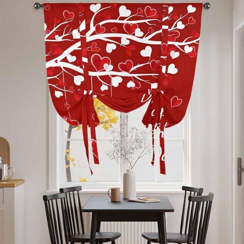 Happy Valentines Day Tie Up Curtains for Window, Red Love Heart Tree Thermal Insulated Balloon Shade Adjustable Rod Pocket Curtains Valance Panels for Kitchen Bathroom Café 42'' x 54'' in Saudi Arabia