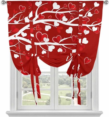Happy Valentines Day Tie Up Curtains for Window, Red Love Heart Tree Thermal Insulated Balloon Shade Adjustable Rod Pocket Curtains Valance Panels for Kitchen Bathroom Café 42'' x 54'' in Saudi Arabia