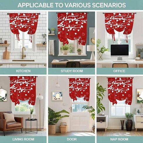 Happy Valentines Day Tie Up Curtains for Window, Red Love Heart Tree Thermal Insulated Balloon Shade Adjustable Rod Pocket Curtains Valance Panels for Kitchen Bathroom Café 42'' x 54'' in Saudi Arabia