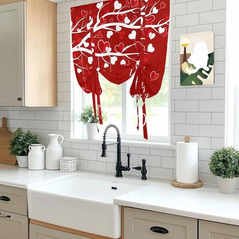 Happy Valentines Day Tie Up Curtains for Window, Red Love Heart Tree Thermal Insulated Balloon Shade Adjustable Rod Pocket Curtains Valance Panels for Kitchen Bathroom Café 42'' x 54'' in Saudi Arabia