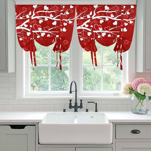 Happy Valentines Day Tie Up Curtains for Window, Red Love Heart Tree Thermal Insulated Balloon Shade Adjustable Rod Pocket Curtains Valance Panels for Kitchen Bathroom Café 42'' x 54'' in Saudi Arabia