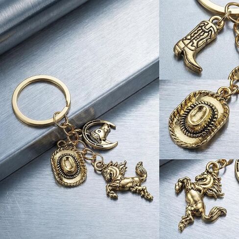 سلسلة مفاتيح حصان غربي مع قبعة وأحذية طويلة، حلقة مفاتيح على شكل حيوان ذهبي عتيق للرجال والنساء، ملحقات حقيبة الفروسية لهدايا المتحمسين على طراز الساحل الغربي in Kuwait
