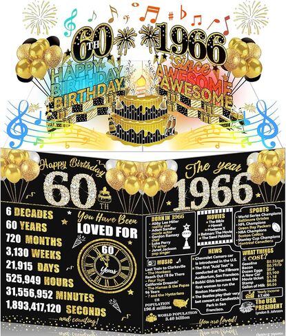 1966 60th Birthday Cards Pop Up 3D Cake - Firework & Music & Blow Out Candle Light Funny Happy 1966 60 Years Old Birthday Card Gifts for Men, Women, Friends, Dad, Mom, Grandpa, Husband, Wife in Kuwait