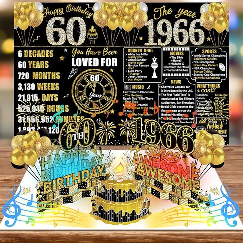 1966 60th Birthday Cards Pop Up 3D Cake - Firework & Music & Blow Out Candle Light Funny Happy 1966 60 Years Old Birthday Card Gifts for Men, Women, Friends, Dad, Mom, Grandpa, Husband, Wife in Kuwait